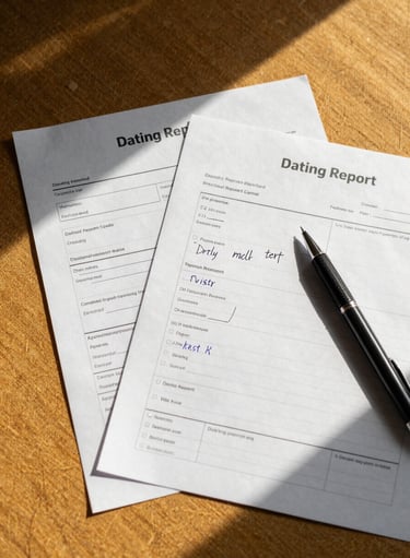 Close-up overhead shot of Dating Report Card assessment pages spread on a warm ochre linen surface, a pen resting beside handwritten notes, natural window light casting soft shadows across the materials
