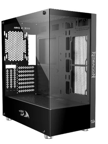 a black and white computer case with a glass door