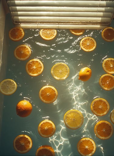 Bright orange slices in water, natural sunlight streaming in.