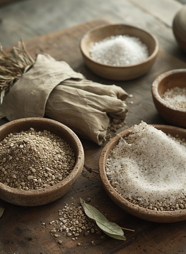 Earthy vibe with natural clay jars, sage bundles, clean white linens.