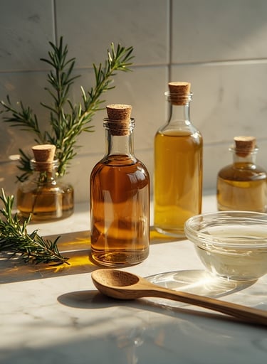 Minimalist look with apothecary jars, wood, and green rosemary accents.