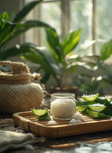 Spa green tones, aloe leaves, clean glass containers.
