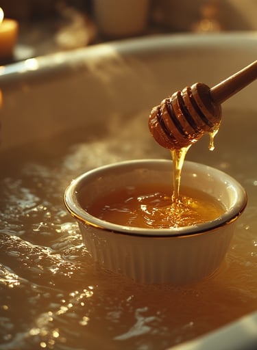 Creamy bathwater, wooden honey dipper, soft candlelight.