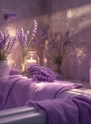 Soft purples and whites, flickering candles, dried lavender bundles.