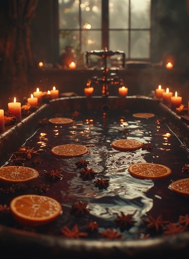 Moody red tones, cinnamon sticks and orange slices, deep wine-colored towels.