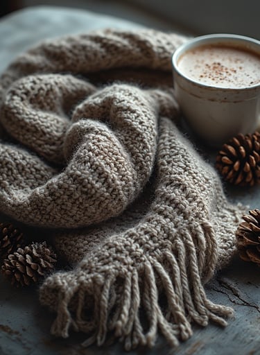 Neutral ribbed crochet scarf folded neatly beside hot chocolate and pinecones. 