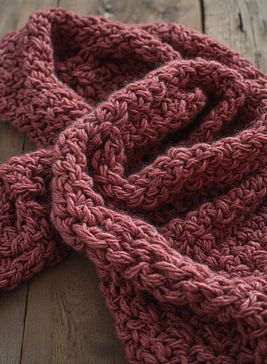 Close-up of puff stitch crochet scarf in oatmeal color with cozy chunky texture. 