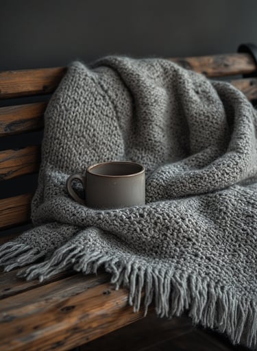 Minimalist grey crochet scarf styled on Scandinavian wooden bench with wool coat 