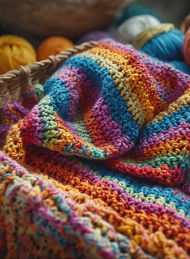 Vibrant granny square scarf folded over basket with skeins of colorful yarn. 