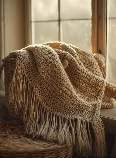 Boho crochet triangle scarf with long fringe draped on woven basket near sunlit window.