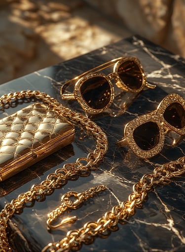 Glam still-life of gold accessories (chain belt, chunky sunglasses, metal clutch) on a glossy black 