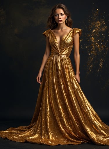 Studio shot of a model in a shimmering molten-gold dress, rippling reflections around her.