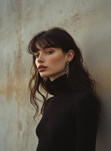 Model in a tight ribbed black turtleneck with dramatic earrings.