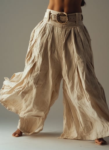 Full-body shot of a model in extreme wide-leg trousers flowing around her, cinched with a chunky bel