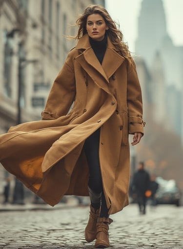 Model walking in a sweeping oversized camel coat with sculpted shoulders. 