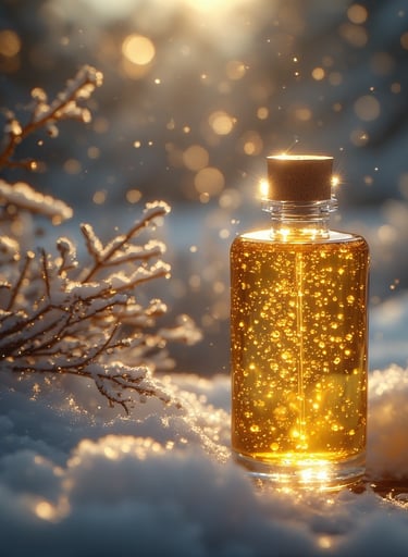 Glass bottle of golden body oil glowing in warm sunlight.