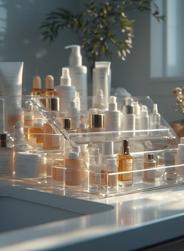 Acrylic vanity organizer with skincare bottles displayed in natural light.