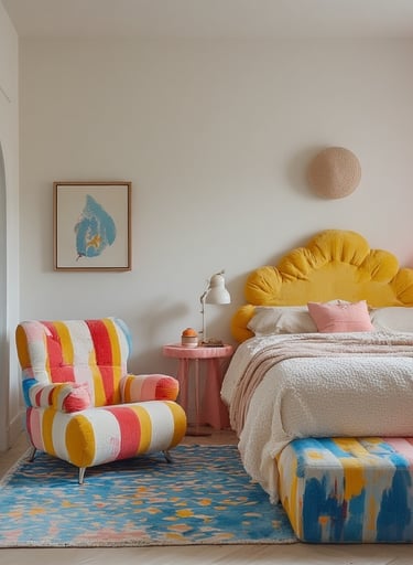 Minimal bedroom with neutral base colors, featuring one bold FunHaus accent