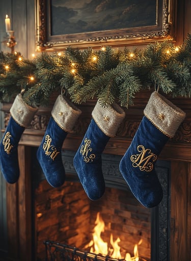 Navy velvet stockings with gold monograms in Ralph Lauren style.