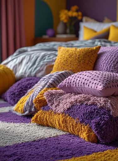 Close-up Funhaus bedroom styling with layered textiles