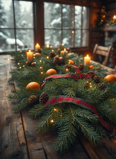 Rustic Christmas greenery with tartan ribbon accents.