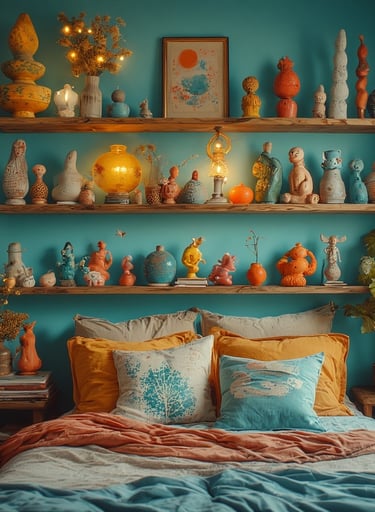 Funhaus Bedroom wall with floating shelves styled with sculptural decor objects