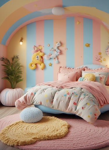 Family-friendly FunHaus bedroom with rounded furniture, soft striped walls in pastel pink, yellow