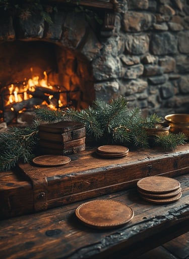 Ralph Lauren-style leather and mahogany holiday décor.