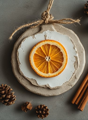 Clay ornament with dried orange slice and twine.