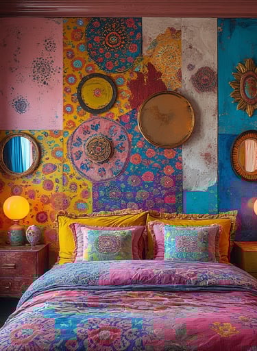 Funhaus Bedroom with dramatic layered headboard wall featuring bold art, circular mirrors