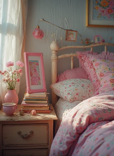 Rose pink picture frame styled on a cozy bedroom nightstand
