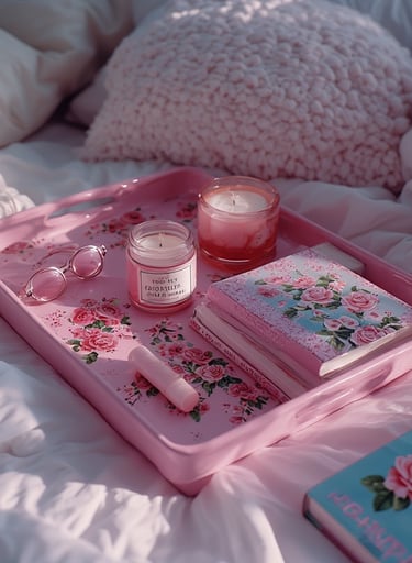 Rose pink decorative tray styled on a bedroom nightstand