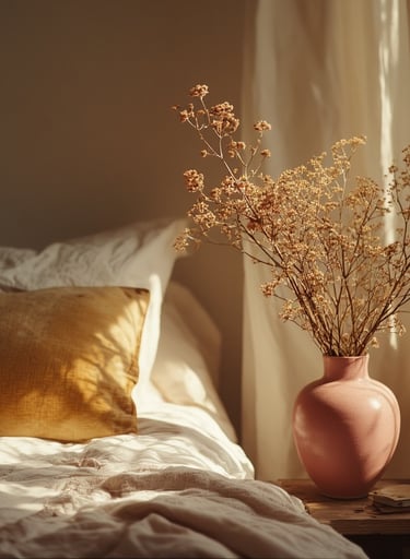 Rose pink ceramic vase with dried florals in a warm bedroom