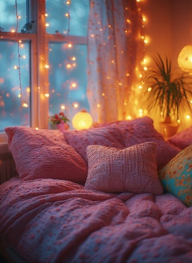 Rose pink bedroom with warm ambient lighting