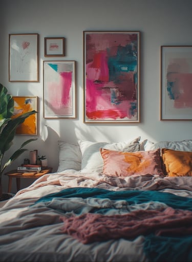 Blush pink abstract art gallery wall in a modern bedroom