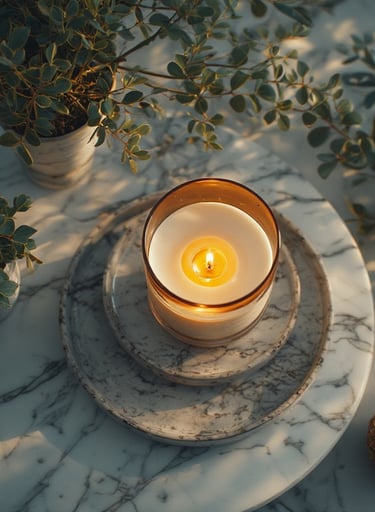 Overhead flatlay of candles, a plant, and a tray on a marble table.