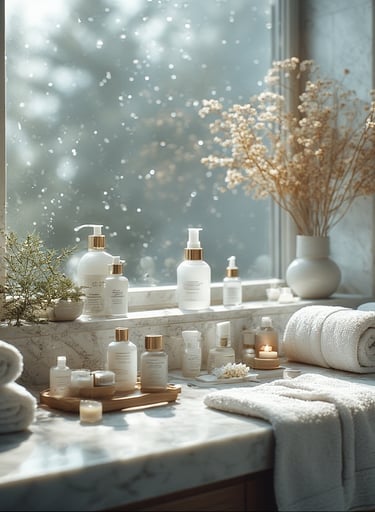 spa-like bathroom counter with rolled towels and skincare neatly arranged.