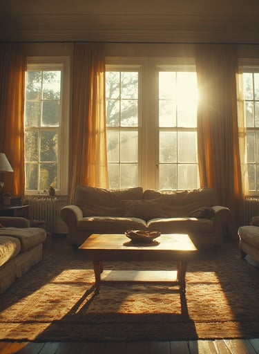 Wide lens living room shot with sunlight pouring through windows, warm-toned textiles.