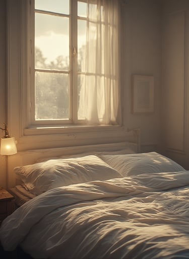 minimal bed with crisp linens and soft window light.