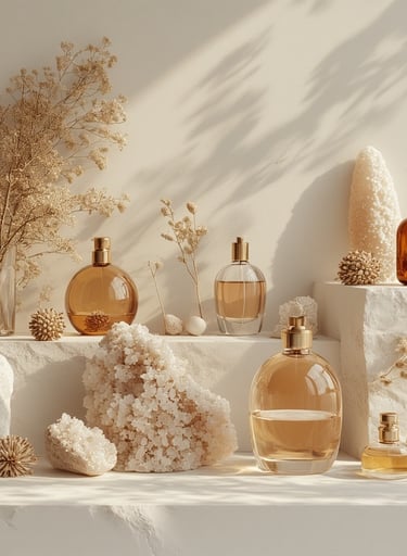 Artsy perfume shelf with uniquely shaped bottles, dried botanicals, sea salt crystals