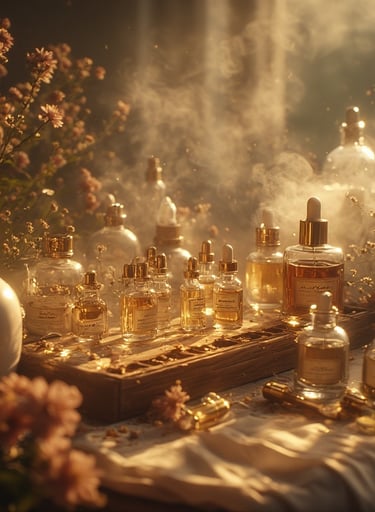 Aesthetic perfume mixing station with droppers, oils, labeled vials, gold accents, and soft florals