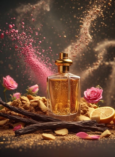 Balanced composition of sandalwood chips, vanilla pods, rose petals, and bergamot slices 