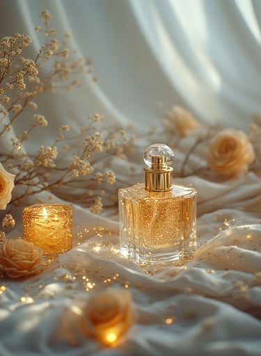 Velvet backdrop with a gold-trimmed perfume bottle, dried roses, and glowing amber