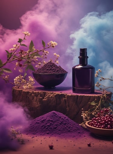 Dark studio mood: oud wood block, jasmine vines, blackcurrant bowl