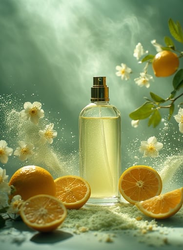 Sunlit citrus orchard-inspired flat lay with neroli blossoms and sliced bergamot for scent-stacking.