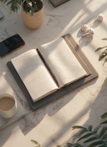 Top-down shot of a phone next to an open journal with earbuds and coffee
