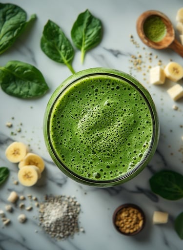 Overhead shot of a green smoothie on marble counter with scattered ingredients