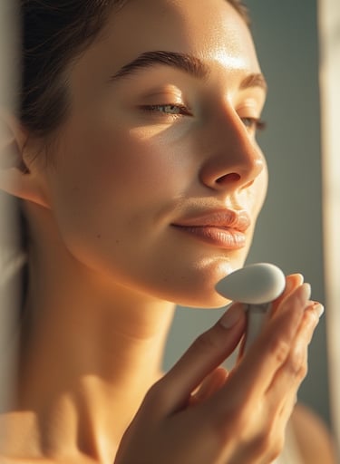 Close-up of woman gliding a gua sha tool along her jawline in the mirror.