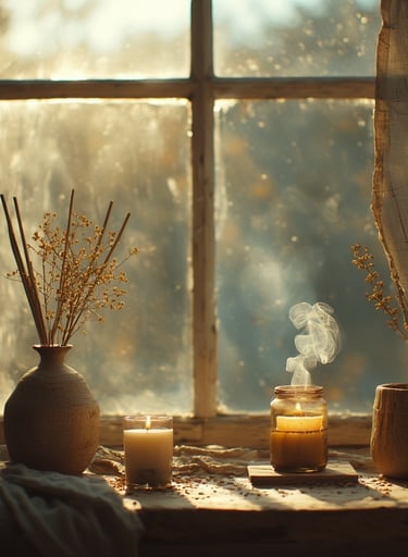 Cozy vignette of a candle and diffuser on a windowsill with steam rising