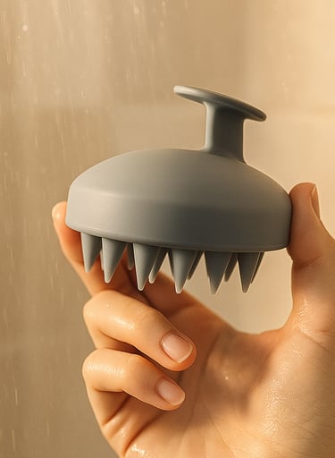 Hand holding a silicone scalp massager in a softly lit steamy shower.